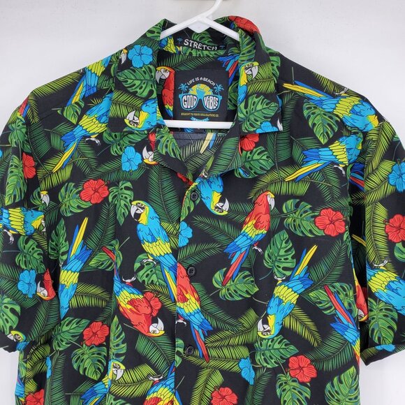 Good Vibes Drill Clothing Co Stretch Multicolor Parrot Hawaiian Button Shirt Lar - Picture 5 of 9
